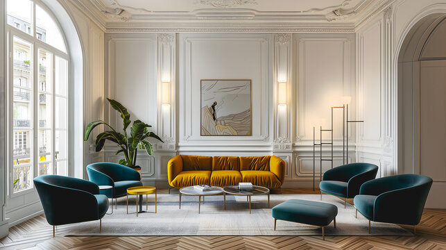Salon &eacute;l&eacute;gant avec canap&eacute;s color&eacute;s, grandes fen&ecirc;tres et moulures au plafond.