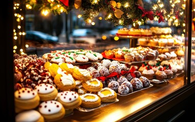 A festive display of assorted pastries and desserts, beautifully arranged behind a glass window, adorned with twinkling lights and holiday decorations.