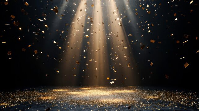 Golden confetti falling through spotlight beams on dark background.