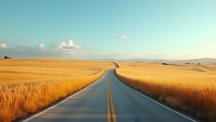 Naklejka premium Golden Wheat Field Road Winding Asphalt Scenic Summer Landscape