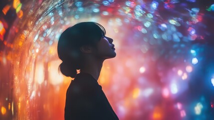 Woman stands in a colorful light display under an inverted glass dome at an art installation