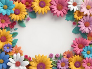 A vibrant floral frame border with colorful flowers surrounding a white central background.