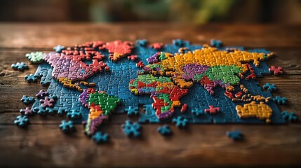 Colorful puzzle pieces create a vibrant world map on a wooden table