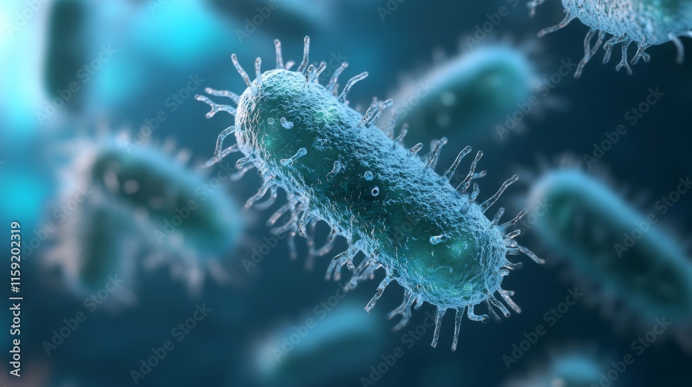 Poster A close-up view of bacteria in a microscopic environment, showcasing their unique shapes and structures with a vibrant blue background.