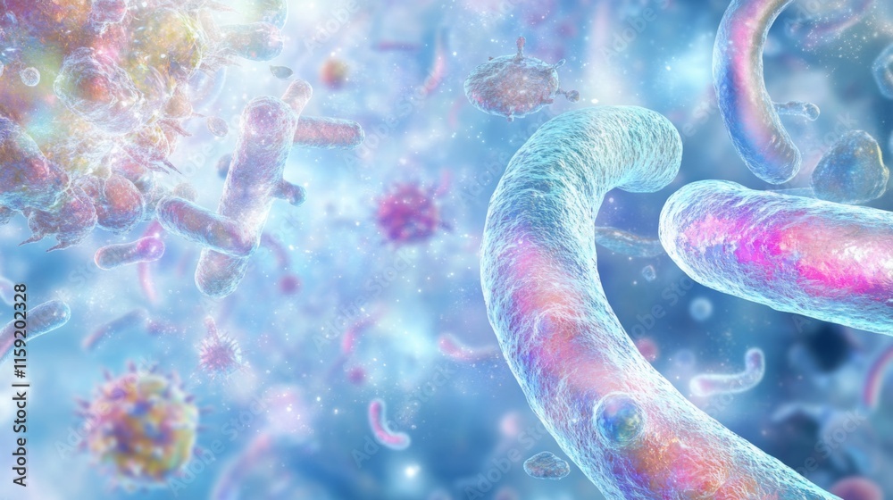 Poster a vibrant, abstract depiction of microscopic organisms, showcasing colorful bacteria and cellular st