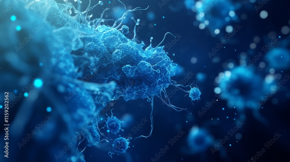 Poster A close-up, abstract representation of microscopic organisms, showcasing intricate structures in vibrant blue hues against a dark background.