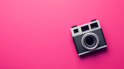 Fototapeta premium old black photo camera isolated on 3 d magenta background