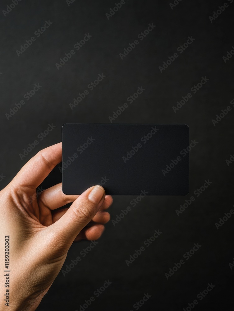 Poster hand holding a sleek black gift card with copy space for mock up design and personalization. generat