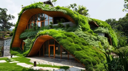 A uniquely designed building covered in lush green plants, with curved shape and rectangular windows. Door and walls blend into nature, creating a living wall effect in a fresh, vibrant setting.