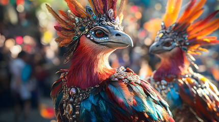 Fototapeta premium Colorful Fantasy Birds with Ornate Feather Designs at a Festive Outdoor Celebration