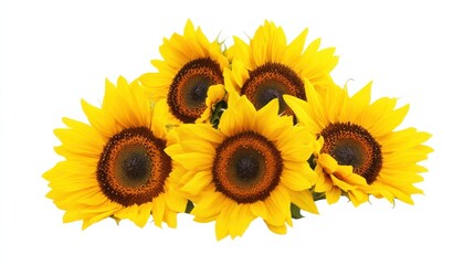 Obraz premium Close-up of a bunch of yellow sunflowers with large, cheerful blooms, isolated white background