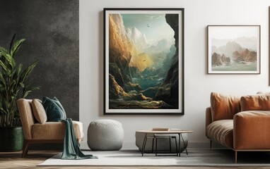 White poster framed in dark oak, displayed with an image of a massive underwater trench, with towering underwater mountains and creatures that are adapted to extreme depths