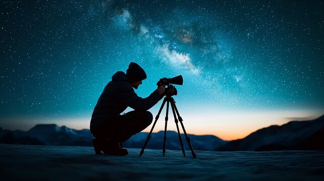 A photographer captures the stunning night sky filled with stars using a camera and tripod in a serene landscape.