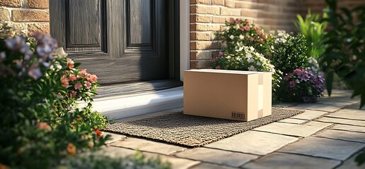 A cardboard box sits on a doormat by a front door surrounded by flowers.