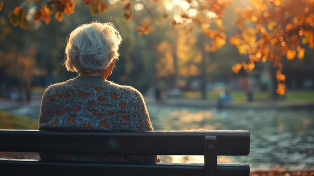 Elderly woman enjoys a peaceful afternoon on a park bench near the water in autumn