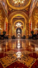 Obraz premium Ornate Thai Temple Hall with Shimmering Chandeliers