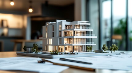 1. Modern condo model displayed on a table with architectural blueprints and drafting tools nearby