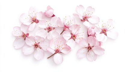 Naklejka premium Close-up of delicate pink cherry blossoms in bloom, isolated white background, minimalist art style