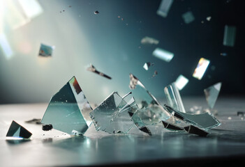 background of broken pieces of glass turned at different angles, flying in space, reflecting glare of light
