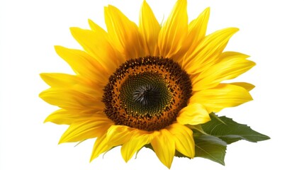 Obraz premium Close-up view of a vibrant yellow sunflower with its bold petals and dark center, isolated white background, minimalist art style