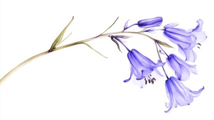 Obraz premium Close-up view of delicate bluebell flowers with their drooping petals and slender stems, isolated white background, botanical ink drawing style