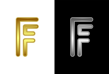 Initial alphabet F in gold and silver color. Graphic alphabet symbol for corporate business identity