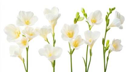 Close-up view of delicate freesia flowers with their fragrant white petals and slender stems, isolated white background, whimsical botanical pattern style