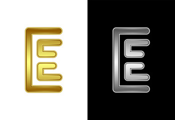 Initial alphabet E in gold and silver color. Graphic alphabet symbol for corporate business identity