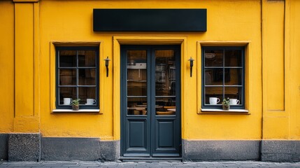 Obraz premium A charming yellow storefront with a dark door and windows, inviting customers inside.