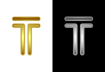 Initial alphabet T in gold and silver color. Graphic alphabet symbol for corporate business identity