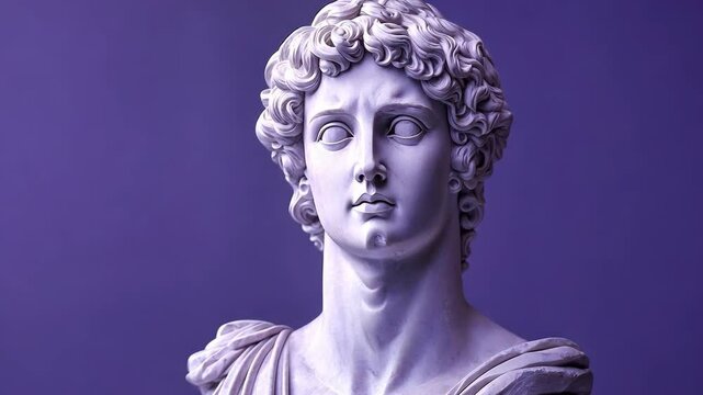 Ancient marble statue of a male figure with detailed curls and a contemplative expression against a purple background