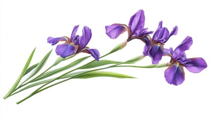 Naklejka premium Detailed shot of a bunch of purple iris flowers with distinctive sword-shaped leaves, isolated white background, minimalist art style