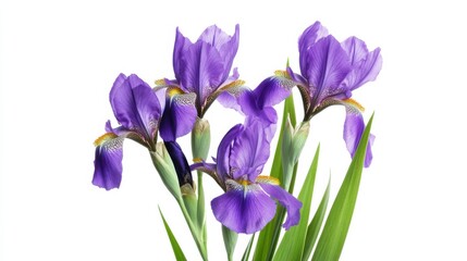 Detailed shot of a bunch of purple iris flowers with distinctive sword-shaped leaves, isolated white background, minimalist art style