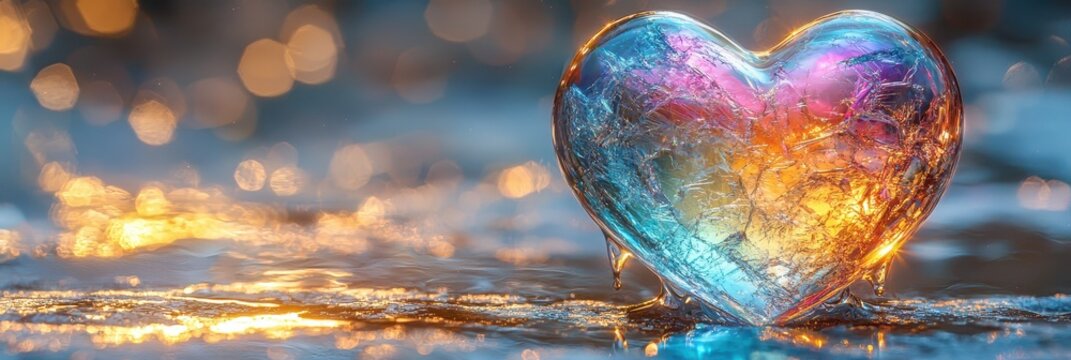 Living crystal heart pulsating with vibrant colors in a warm light setting