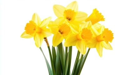 Obraz premium Detailed shot of a cluster of yellow daffodils with trumpet-shaped corollas, isolated white background, minimalistic composition