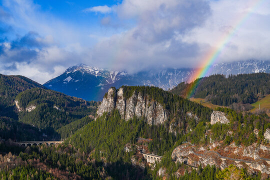 Rainy landscape of Semmering railway in early December landscape, Austria, Europe. The landscape on former 20 schilling note bill.