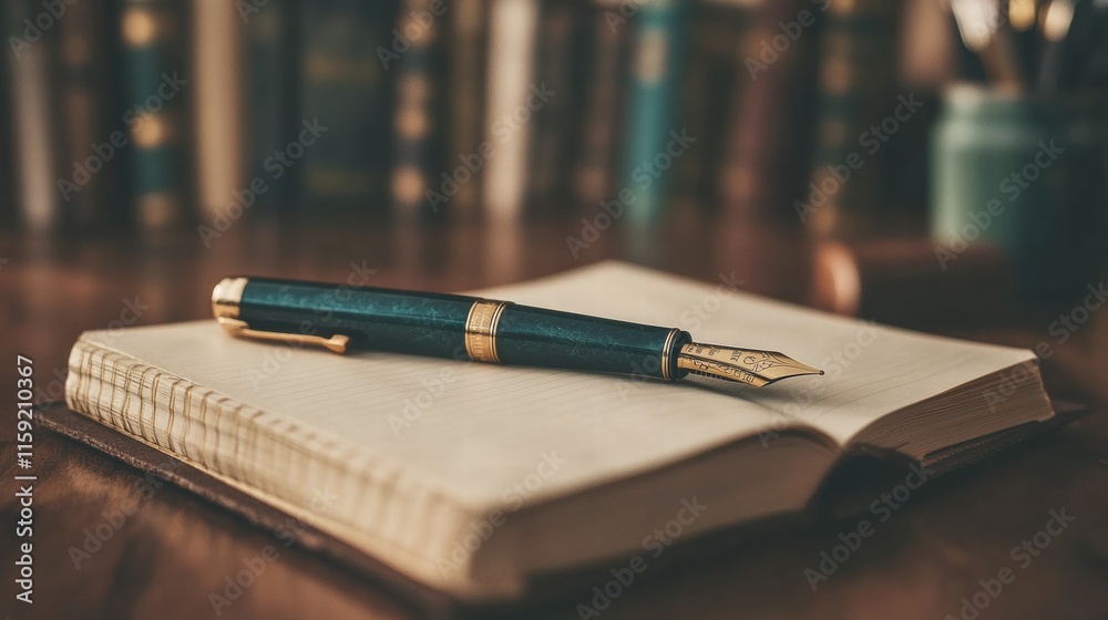 Aufkleber Luxury fountain pen with gold accents resting on an open notebook in a cozy study setting. Generative AI