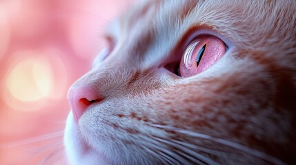 Captivating close-up of a pink cat with striking pink eyes against a soft background