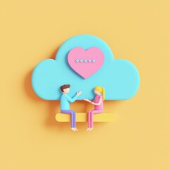 valentine cupid proposal concept. Two cartoon characters sharing a moment together under a heart-shaped cloud, symbolizing love and connection.