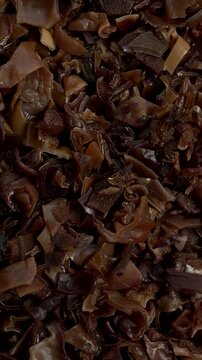 Dried, hydrated and chopped mun mushrooms as an abstract food pattern. An ingredient of Chinese cuisine. Table spin. Vertical video.