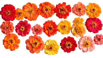 Detailed view of delicate zinnia flowers with their vibrant red, orange, and yellow blooms