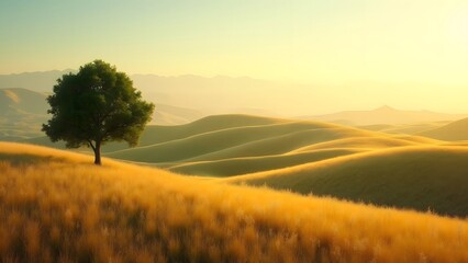 Obraz premium Lone Tree Golden Hills Landscape Sunset Serene Nature Scene
