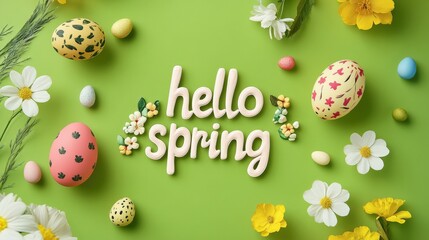 Beautifully decorated spring eggs and fresh flowers on a green background symbolize renewal and the joy of the season.