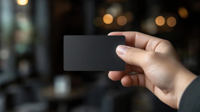 Hand holding a sleek black gift card in a modern setting with copy space for custom text or design elements. Generative AI