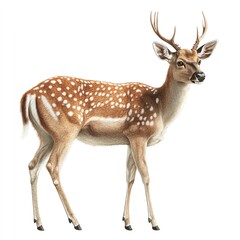 A spotted deer stands gracefully, showcasing its slender legs and antlers, highlighting the beauty of wildlife in its natural habitat.