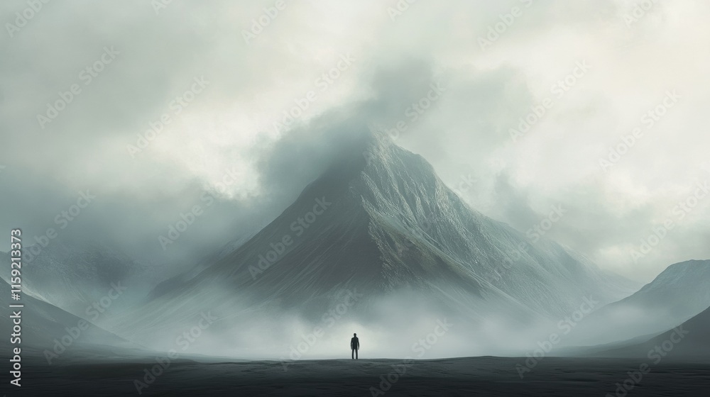 Poster Lonely figure gazes at towering mountain peak under a cloudy sky in a desolate landscape. Generative AI