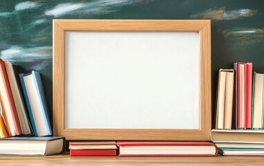 Blank white poster framed in natural wood, set against an image of a teacher conducting a one-on-one tutoring session, with personalized learning materials and books 