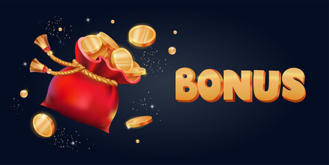 Red Bag With Gold Coins. Bonus. Horizontal Banner. Gift. 3d vector Illustration