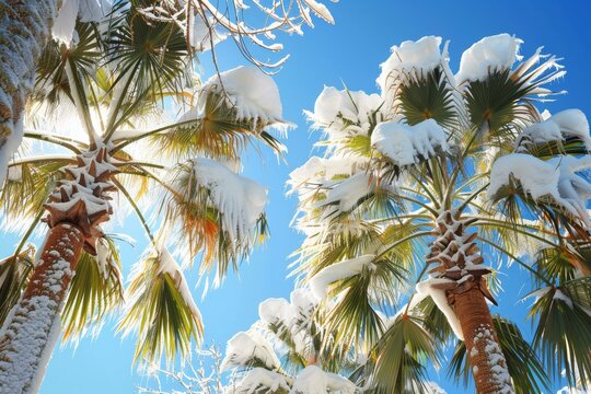 Snow-covered palm trees against blue sky - Powered by Adobe