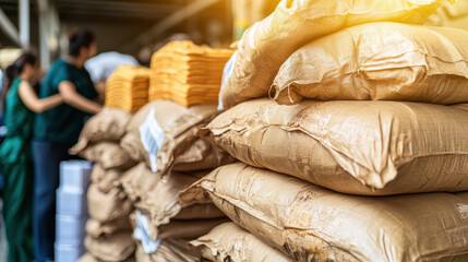 High resolution photograph of stacked burlap sacks in warehouse